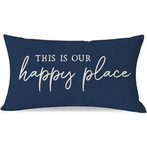 Happy Place Pillow Cover 12x20 Blue Farmhouse Lumbar Cushion Case for Couch Sofa